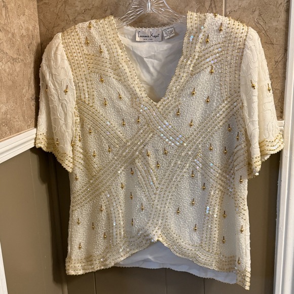 Laurence Kazar Tops - Vintage Laurence Kazar White Silk Beaded Sequined Top Party Blouse Women's‎ Sz M